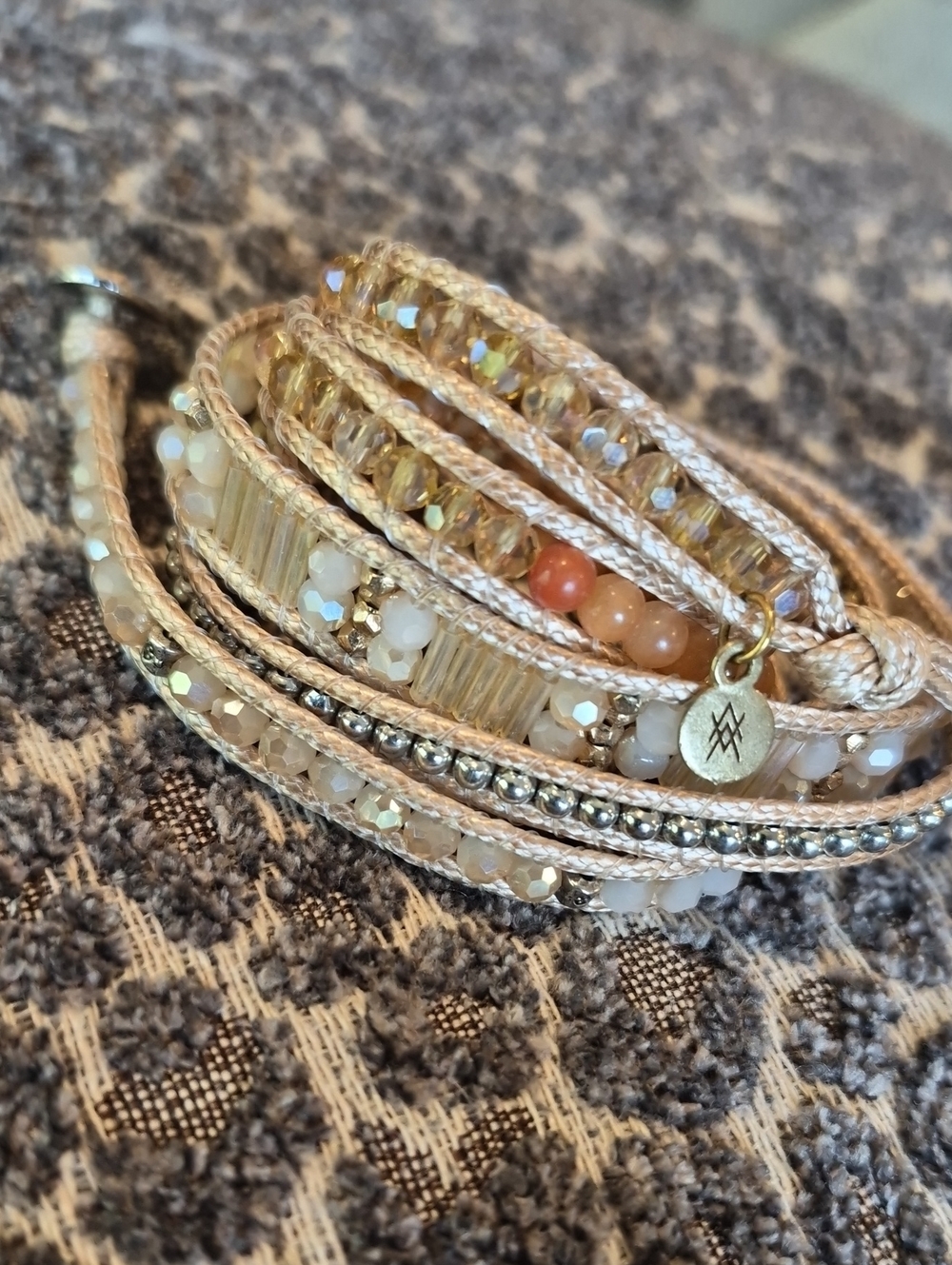 Liv Thai Bohemian Gold & Tan Hues Faceted Bead Adjustable Length Wrap Bracelet - Picture 2 of 13